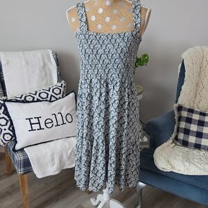 LOFT Green and White Pleated Midi Sundress